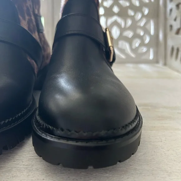 NEW Nine West Arria Leopard Animal and Black Combat Boots Moto Gold Buckles 9 - Picture 8 of 9